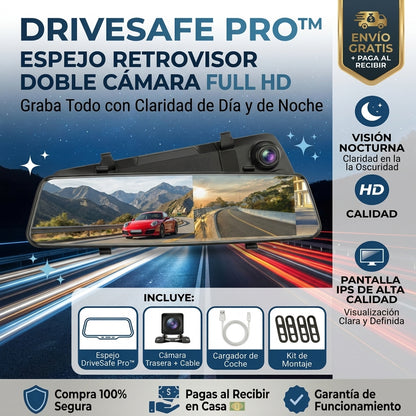 DriveSafe Pro™ | Espejo Retrovisor Doble Cámara Full HD | Graba Todo con Claridad de Día y de Noche