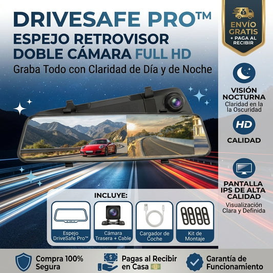 DriveSafe Pro™ | Espejo Retrovisor Doble Cámara Full HD | Graba Todo con Claridad de Día y de Noche
