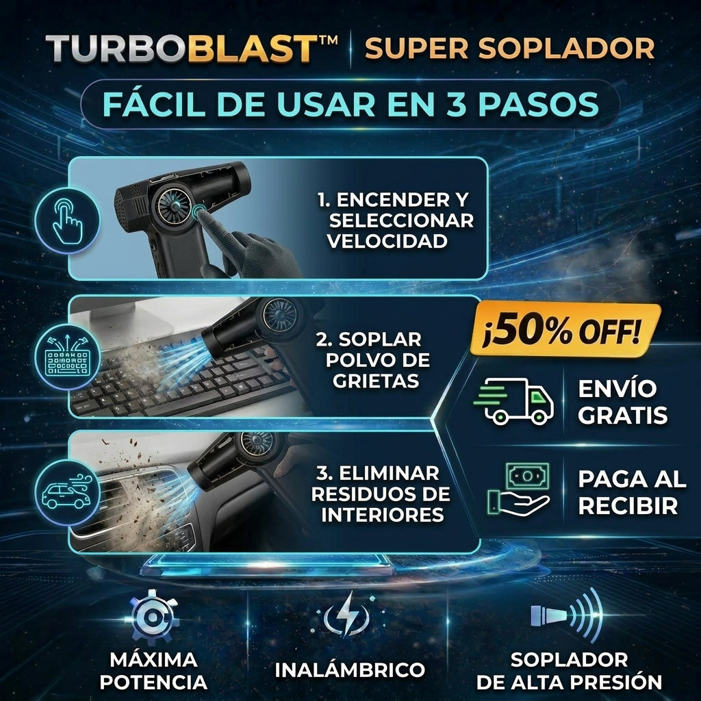 TurboBlast™ | Soplador de Aire Portátil | Elimina Polvo y Pelos en Segundos