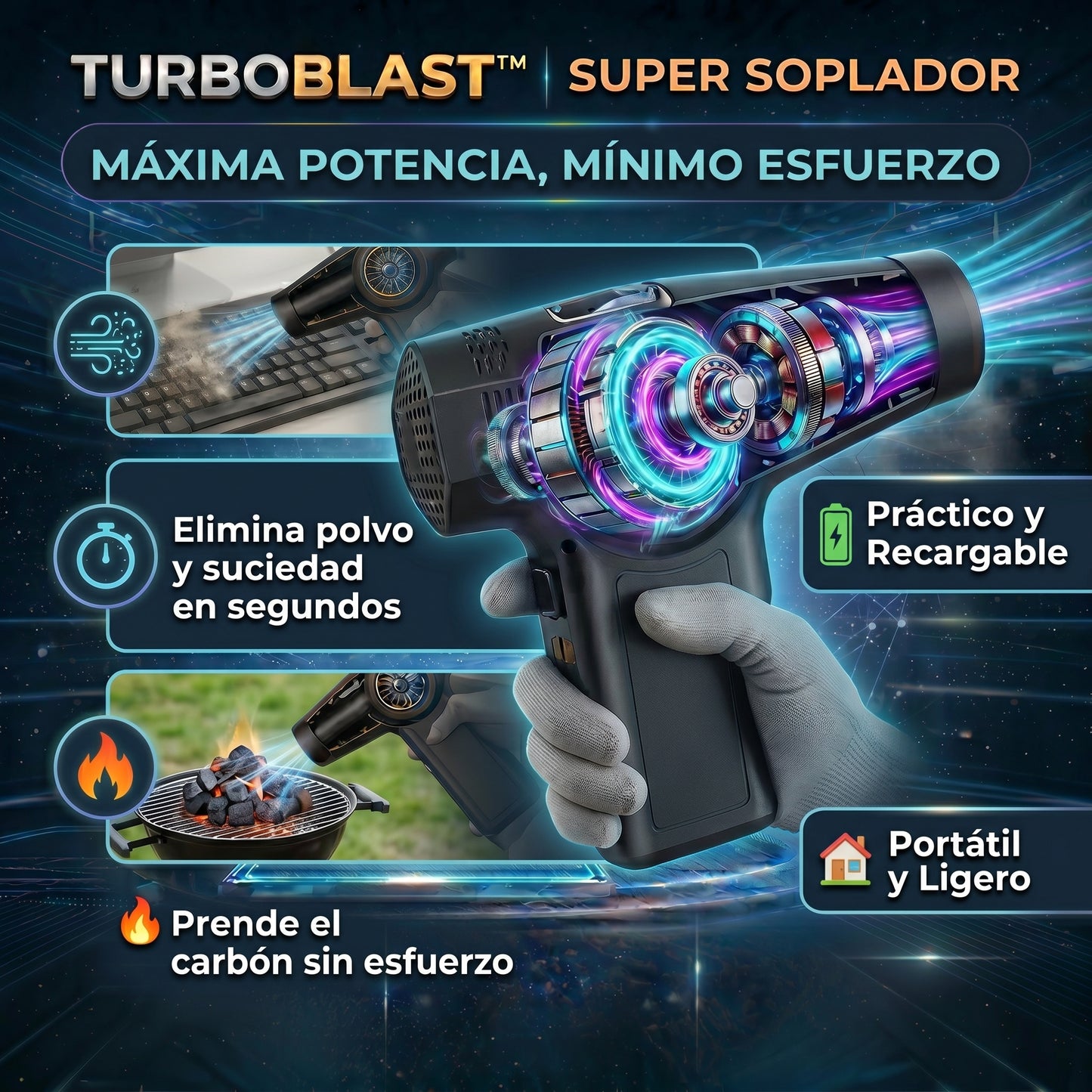 TurboBlast™ | Soplador de Aire Portátil | Elimina Polvo y Pelos en Segundos