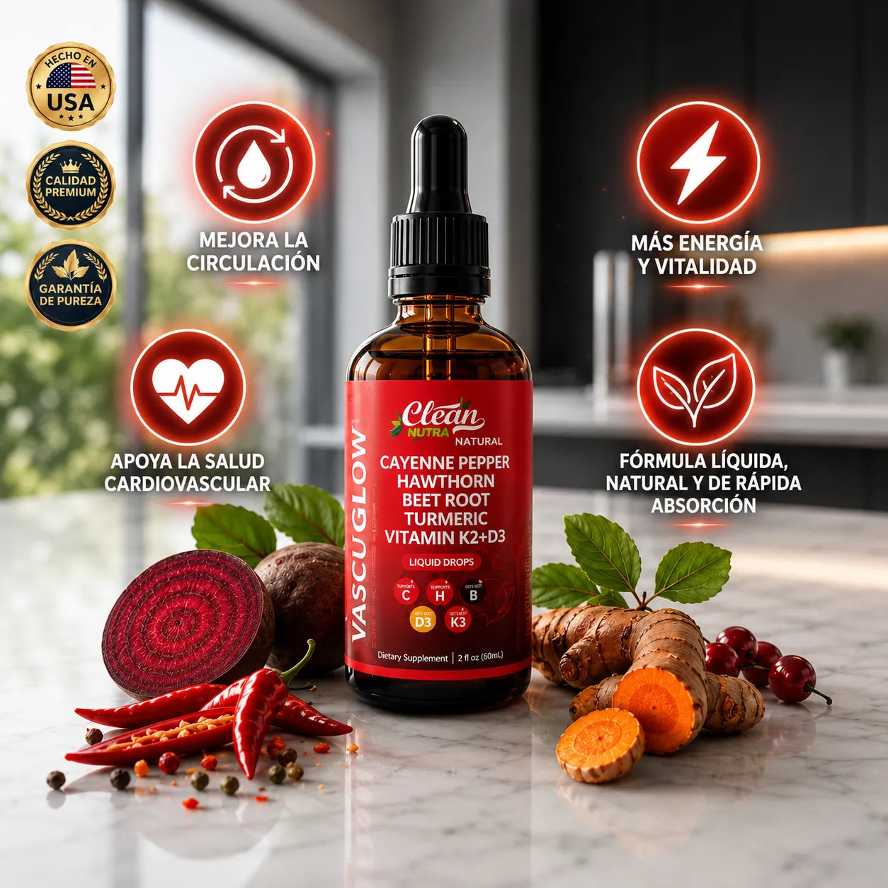 Clean Nutra® VascuGlow | Estimulador Vascular | Controla el Azúcar y Protege tu Corazón