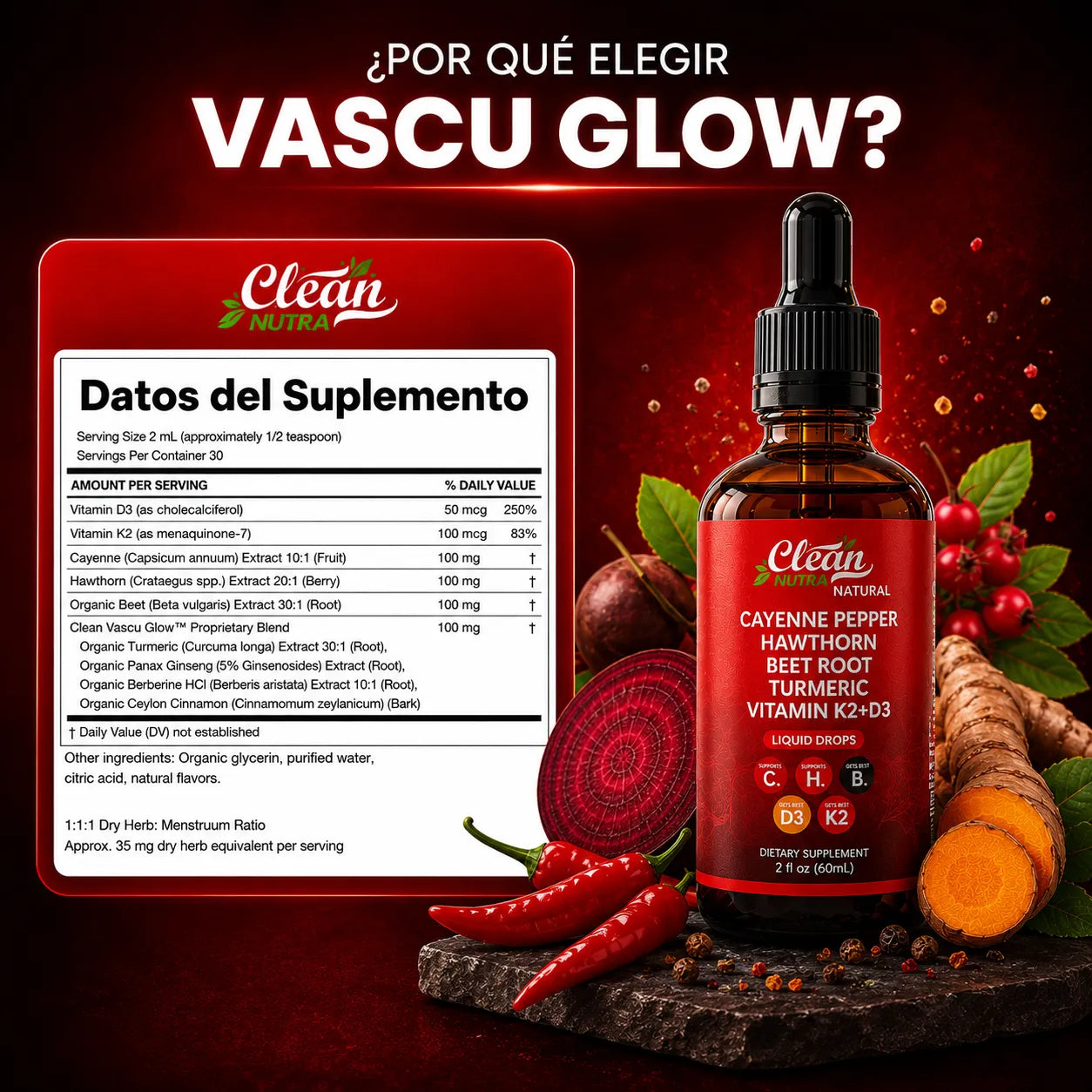 Clean Nutra® VascuGlow | Estimulador Vascular | Controla el Azúcar y Protege tu Corazón