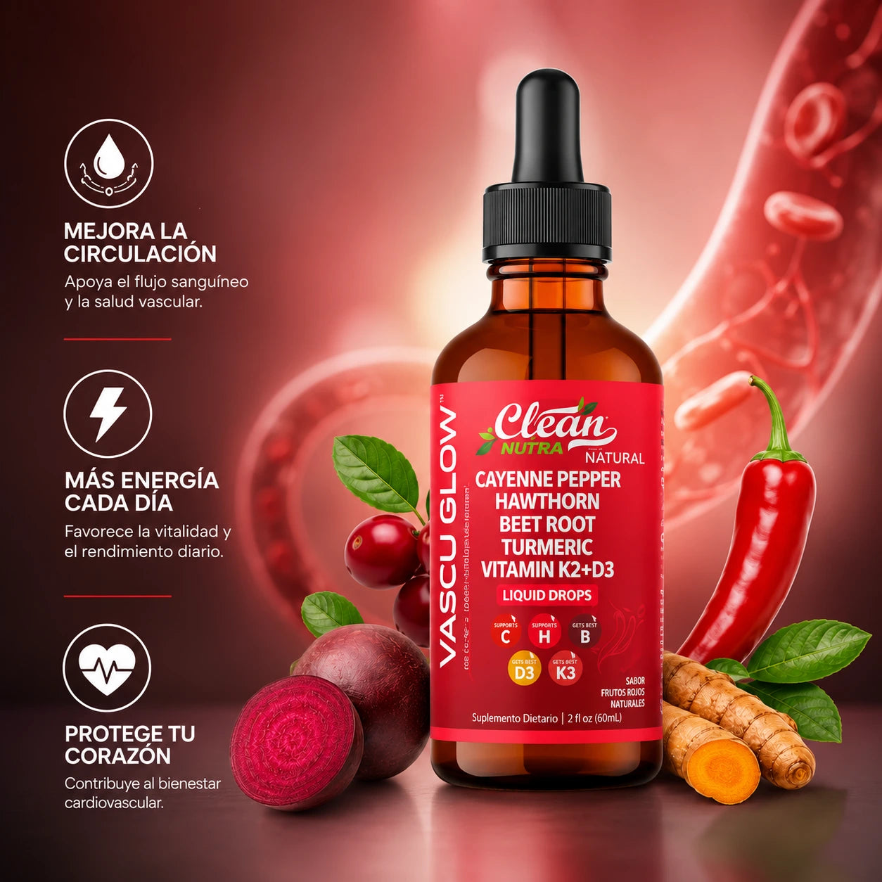 Clean Nutra® VascuGlow | Estimulador Vascular | Controla el Azúcar y Protege tu Corazón
