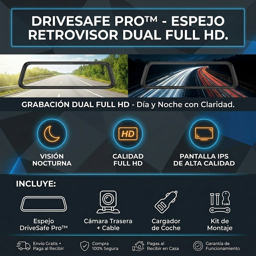 DriveSafe Pro™ | Espejo Retrovisor Doble Cámara Full HD | Graba Todo con Claridad de Día y de Noche