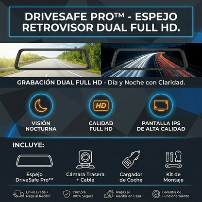 DriveSafe Pro™ | Espejo Retrovisor Doble Cámara Full HD | Graba Todo con Claridad de Día y de Noche